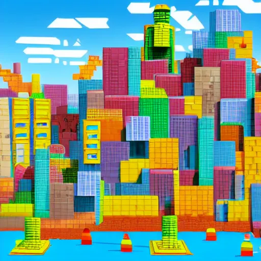 Image similar to futuristic city on a mountainside, colorful city, q - bert blocks, colorful blocks on hillside, 3 d blocks, cel - shading, cel - shaded, 2 0 0 1 anime, bright sunshine