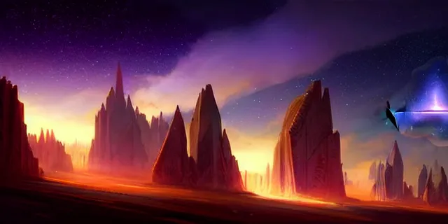 Image similar to a fleet of interconnected giant glowing futuristic crystal cubes in the sky, a fantasy magical landscape seen in the distance, atmospheric lighting, intricate, volumetric lighting, beautiful, sharp focus, ultra detailed, in the art style of marc simonetti, bowater charlie and brom gerald, astrophotography