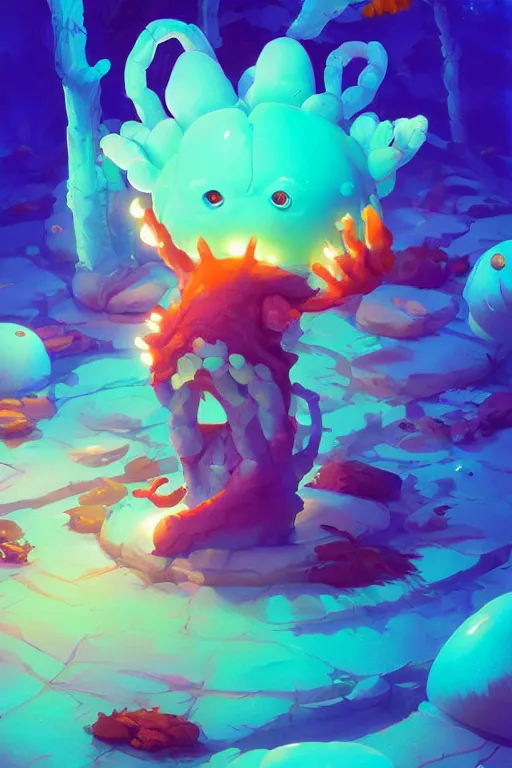 Image similar to smurf ghost creature animal sushi cristal very big eye roots cactus elemental flush of force nature micro world fluo fishscale, behance hd by jesper ejsing, by rhads, makoto shinkai and lois van baarle, ilya kuvshinov, rossdraws radiating a glowing aura global illumination ray tracing hdr