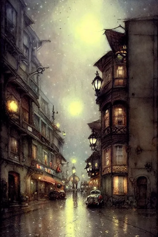 Prompt: (((((1950s fairy tale city at night . muted colors.))))) by Jean-Baptiste Monge !!!!!!!!!!!!!!!!!!!!!!!!!!!