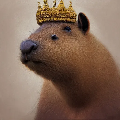 Prompt: detailed photorealistic mugshot of a capybara wearing a highly detailed ornamented crown, sharp focus, in the style of ruan jia, Mandy jurgens, cinematic light, concept art, trending on artstation, ultra realistic