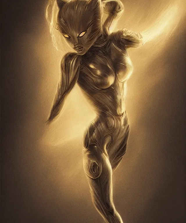 Prompt: golden pencil drawing of beautiful robot - cat woman face, goddess, beautiful blonde hair flying in the wind, hyper realistic face, in the style of greg rutkowski, beksinski, fantasy, amazing detail, epic, elegant, smooth, sharp focus, from the front, octan render