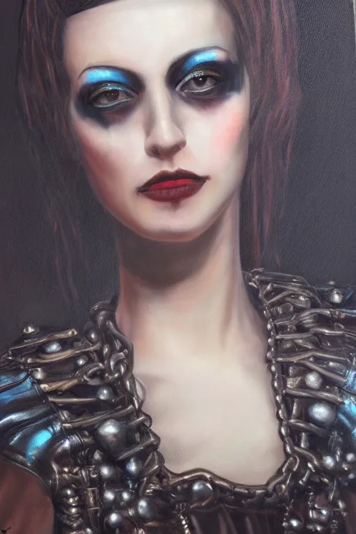 Image similar to hyperrealism oil painting, close - up portrait of punk gothic medieval brunette fashion model, knight, steel gradient mixed with nebula sky, in style of baroque