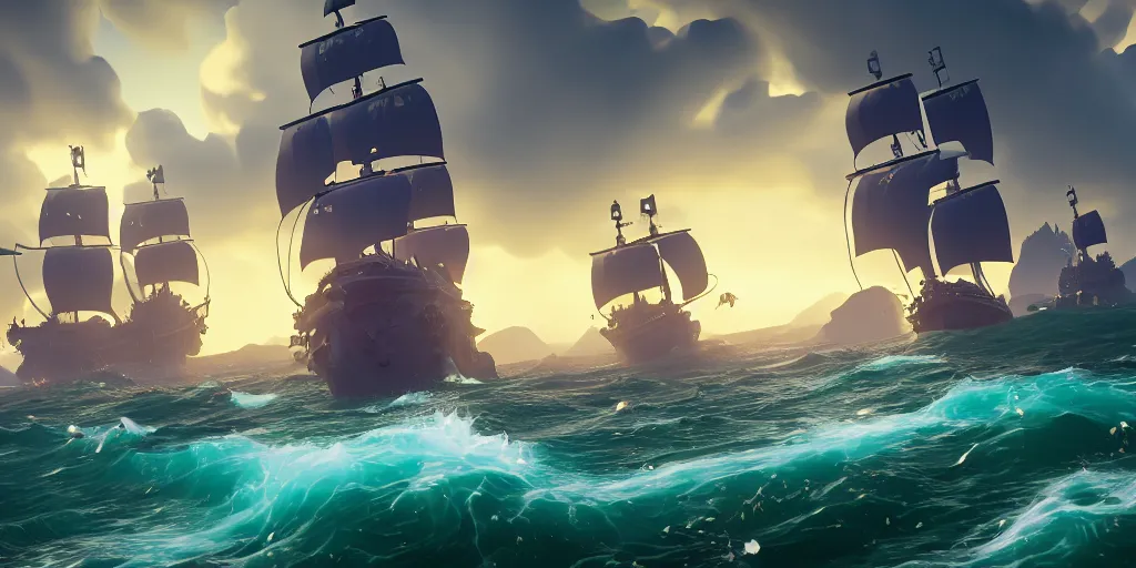 Image similar to portrait of sea of thieves characters, realism, sharp, sea of thieves screenshot, storm, unreal engine, digital art, kraken monster