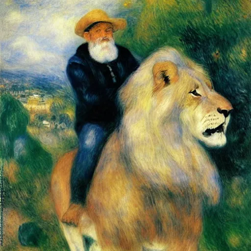 Prompt: old man ( wise long white beard wearing a hooded tunic ) riding on lions back by renoir