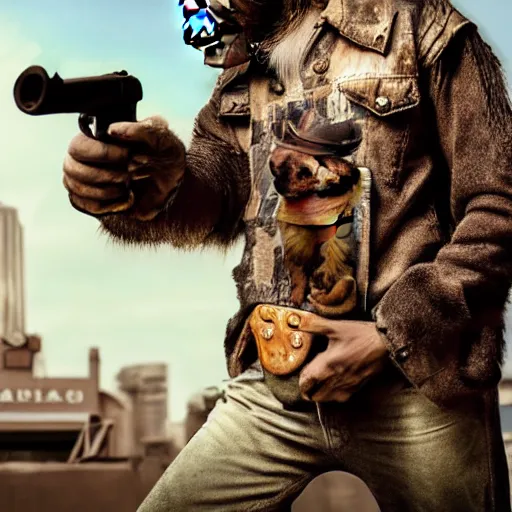 Image similar to realistic photo, a monkey holding a gun dressed as a cowboy, post apocalyptic city