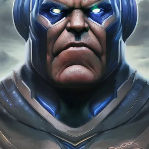 Prompt: characters portrait of Darkseid mixed with Thanos by ArtGerm and Tom Bagshaw, close up shot, merged character, Full body shot, cinematic opening shot, 4k, highly detailed, cinematic lighting
