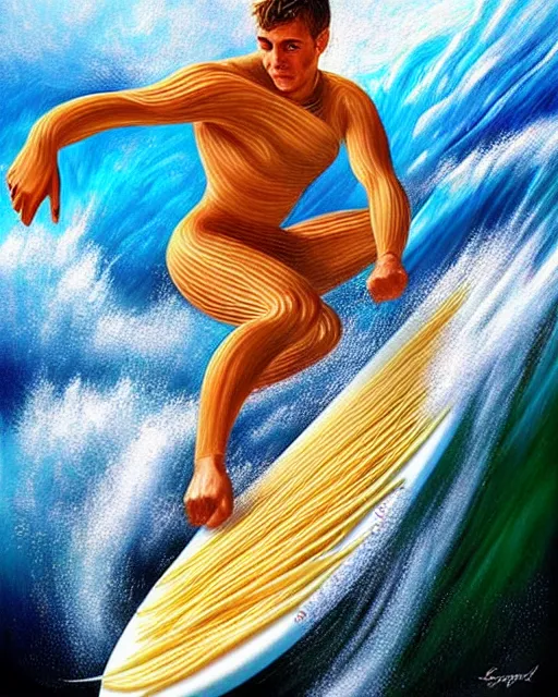 Prompt: surfing in a sea of pasta, detailed realistic sport art, artgerm