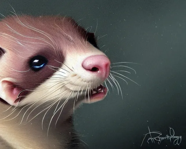 Image similar to close up of a ferret with scars and a face tattoo, deep focus, d & d, fantasy, intricate, elegant, highly detailed, digital painting, artstation, concept art, matte, sharp focus, illustration, hearthstone, art by artgerm and greg rutkowski and alphonse mucha