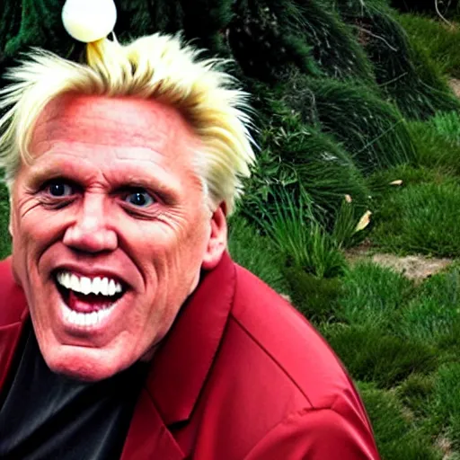 Image similar to gary busey as a garden gnome