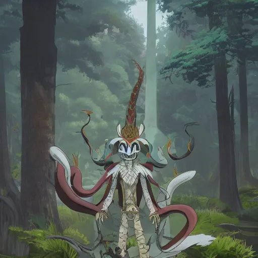 Image similar to concept art painting of an anthropomorphic dragon king with robes, a long dragon neck, and skull mask, in a deep forest, cel shaded, in the style of makoto shinkai and james gurney and studio ghibli and moebius