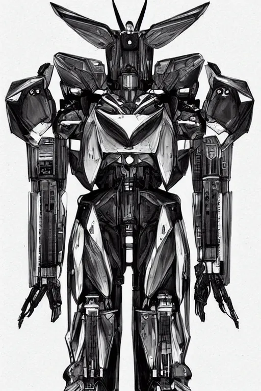 Prompt: very symmetrical!! full body illustrations of mecha, pen and ink, moderately detailed, concept art, wings spread, cyborg wing, artstation, deviantart, pinterest