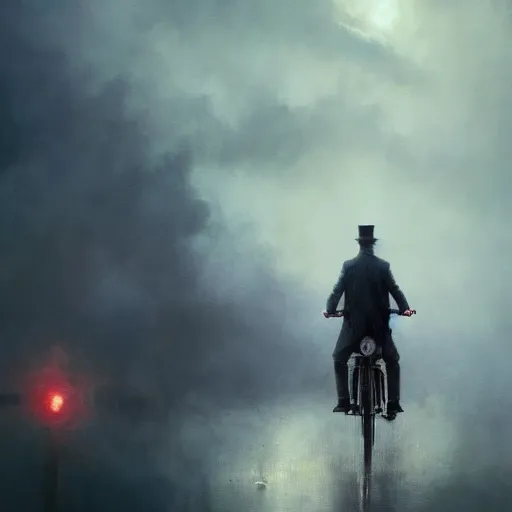 Image similar to cinematic shot epic portrait an man in a fancy suit riding a bike, rain, cloudy, broad light, ambient occlusion, volumetric light effect, made by ivan aivazovsky, peter mohrbacher, greg rutkowski, matte painting, trending on artstation, 4 k, perfectly defined features, digital painting, cinematic, epic, highly detailed,