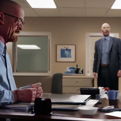 Image similar to film still of walter white talking to the camera in the office tv show. 4 k.