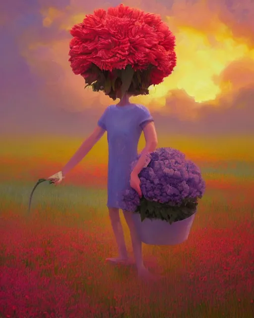 Image similar to girl with a giant carnation as face, surreal photography, flower field, sunset dramatic light, impressionist painting, colorful clouds, blue sky, digital painting, artstation, simon stalenhag