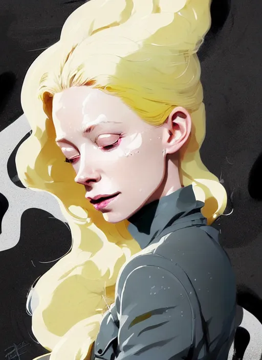 Image similar to highly detailed closeup portrait of beautiful portia doubleday, blonde wavy hair, angela moss, white suit by atey ghailan, by greg rutkowski, by greg tocchini, by james gilleard, by joe fenton, by kaethe butcher, gradient yellow, black and white color scheme, grunge aesthetic!!! ( ( graffiti tag wall background ) )