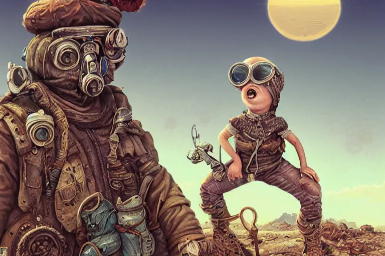 Image similar to a highly detailed forgotten garden gnome wearing goggles and head scarf surviving in a vast barren desert, hopeless wasteland background with a relentless raging sun overhead, post - apocalyptic road warrior vibe, dynamic pose, an ultrafine detailed painting by joe fenton, trending on deviantart, pop surrealism, whimsical, lowbrow, perfect symmetrical face, sharp focus, octane, masterpiece