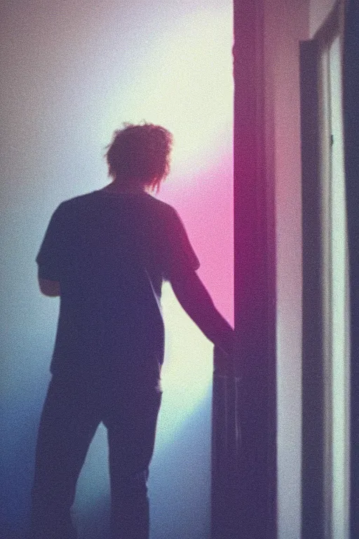 Prompt: agfa vista 4 0 0 photograph of a guy standing in a cluttered bedroom, back view, synth vibe, vaporwave colors, lens flare, moody lighting, moody vibe, telephoto, 9 0 s vibe, blurry background, grain, tranquil, calm, faded!,