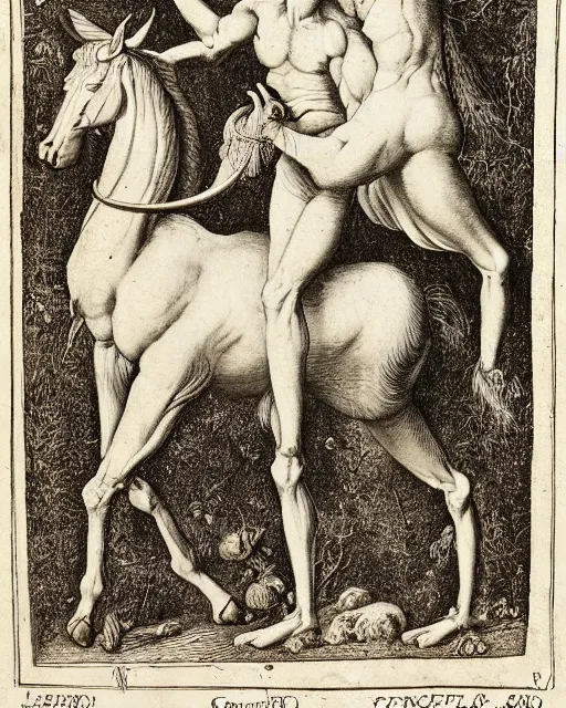 Prompt: centaur, high detail, extremely detailed, very sharp, in the style of theodor de bry, jost amman,