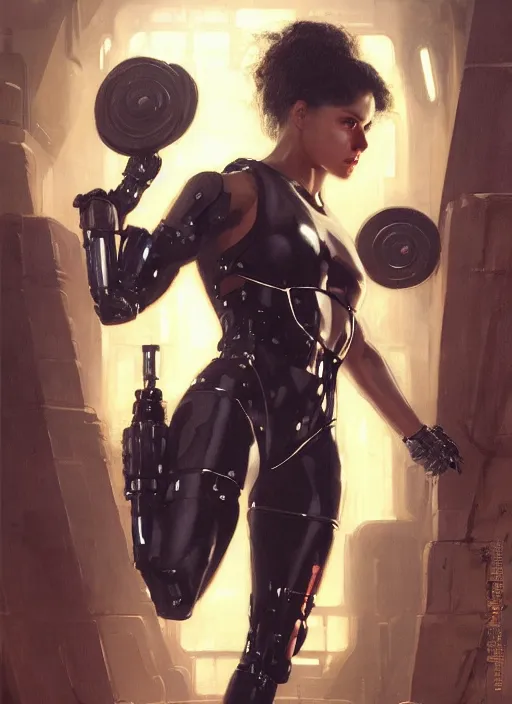 Image similar to buff cyberpunk olympic weightlifter with robotic arms wearing a jumpsuit ( blade runner 2 0 4 9, cyberpunk 2 0 7 7 character design ). orientalist portrait by john william waterhouse and james gurney and theodore ralli and nasreddine dinet, oil on canvas. cinematic, hyper realism, realistic proportions, dramatic lighting, high detail 4 k