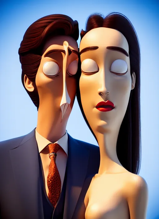 Image similar to style of santiago calatrava and salvador dali, perfectly centered symmetrical balanced male and female portrait of man and woman in love sharing one heart. high coherence ; 3 d cartoon unreal engine pixar 8 k ultra hd