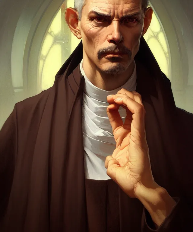 Image similar to an untrustworthy priest, portrait, intricate, elegant, highly detailed, digital painting, artstation, concept art, smooth, sharp focus, illustration, art by artgerm and greg rutkowski and alphonse mucha