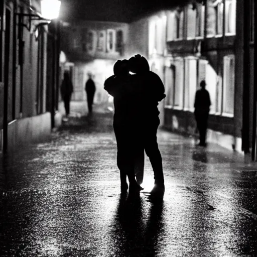 Image similar to an emotional picture of two shadowy figures hugging each other at night in an ally, it is raining heavily, 35mm, motion blur