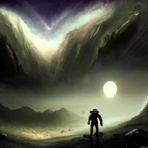 Image similar to an explorer on an alien world, artstation hall of fame gallery, editors choice, # 1 digital painting of all time, most beautiful image ever created, emotionally evocative, greatest art ever made, lifetime achievement magnum opus masterpiece, the most amazing breathtaking image with the deepest message ever painted, a thing of beauty beyond imagination or words