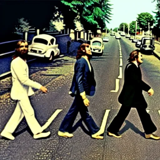 Image similar to full-color photo taken in 1969 of: On Abbey Road in London, an elderly male Frankenstein monster is doing a groovy dance as he slowly walks toward the camera. The top of his head is flat. He is wearing a kitschy stylish 1960s outfit. One of his eyeballs is joo-joo. He is a holy roller. He has long hair that has grown down to his knees. He is probably a joker because he does whatever pleases him. Professional promotional photograph released by Apple Records.