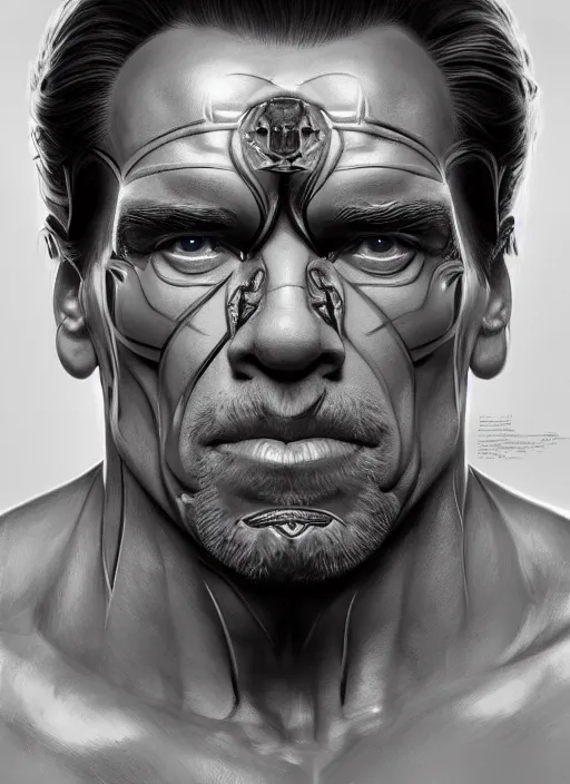 Image similar to symmetry!! arnold schwarzenegger, machine parts embedded into face, intricate, elegant, highly detailed, digital painting, artstation, concept art, smooth, sharp focus, illustration, art by artgerm and greg rutkowski and alphonse mucha, 8 k