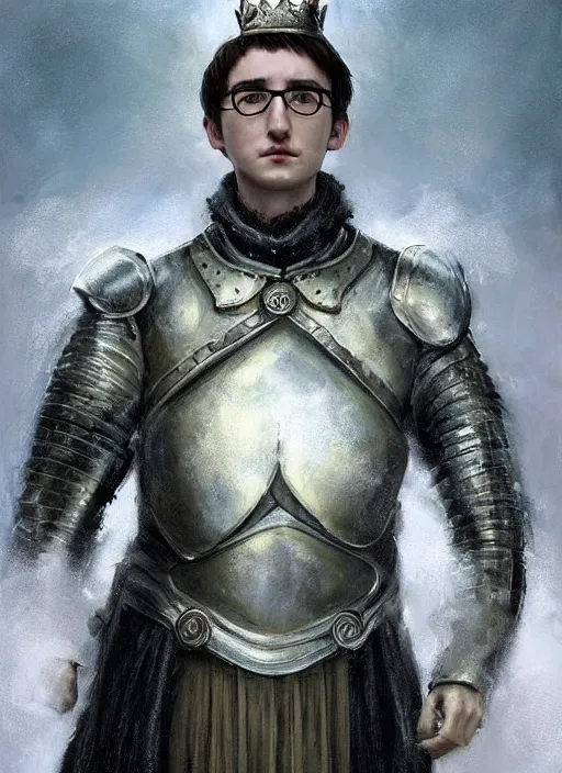 Prompt: a professional painting of Isaac Hempstead-Wright as King, clothed in ethereal armor, olive skin, long dark hair, beautiful bone structure, symmetrical facial features, intricate, elegant, digital painting, concept art, smooth, sharp focus, illustration, from Game of thrones, by Ruan Jia and Mandy Jurgens and Artgerm and William-Adolphe Bouguerea