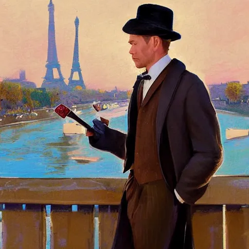 Prompt: ewan mcgregor is standing by the river seine on a bridge in the morning. he is wearing a gentleman ´ s outfit with a bowler hat. next to him at his feet is lying a brown cat. ewan mcgregor is painting a canvas that is put on an easel. morning light. early 2 0 th century paris. vivid colours, digital art, by miyazaki