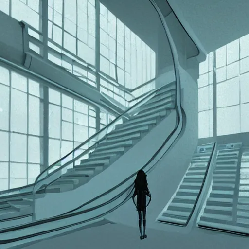 Prompt: a woman made of slime in a bright white hallway with many doors and many stairs, Mc Escher architecture, epic composition, by Makoto Shinkai