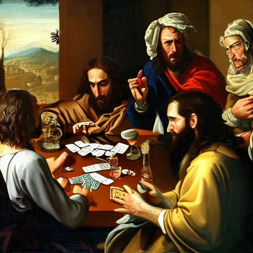 Prompt: a baroque painting of jesus playing poker