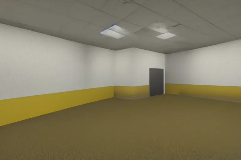 Image similar to 3 d render of jerma 9 8 5, jerma in endless halls of empty office space with worn light mono - yellow 7 0 s wallpaper, old moist carpet, and inconsistently - placed fluorescent lighting | liminal space | non - euclidean space | high octane | blender | 3 d render