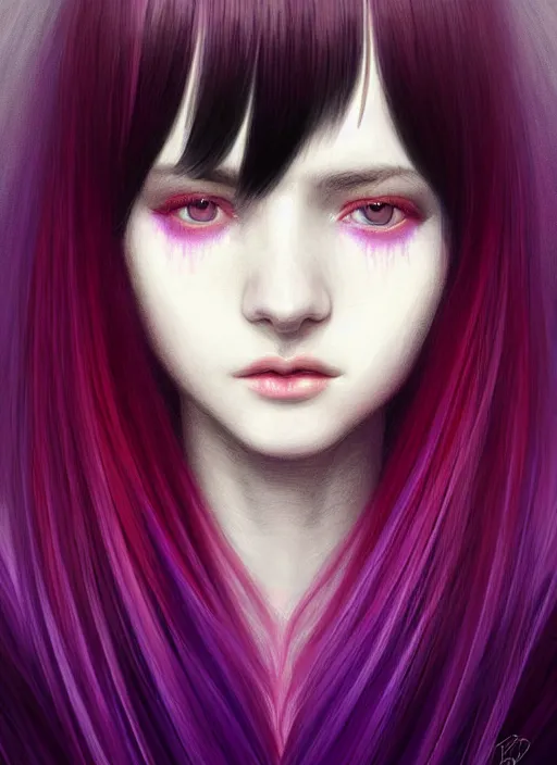 Image similar to hair whitebangs hair, black hair, whitebangs, portrait of teenage girl with white bangs, red irises, purple clothes, white bangs, bangs are different color from hair, intricate, elegant, glowing lights, highly detailed, digital painting, artstation, concept art, smooth, sharp focus, illustration, art by wlop, mars ravelo and greg rutkowski