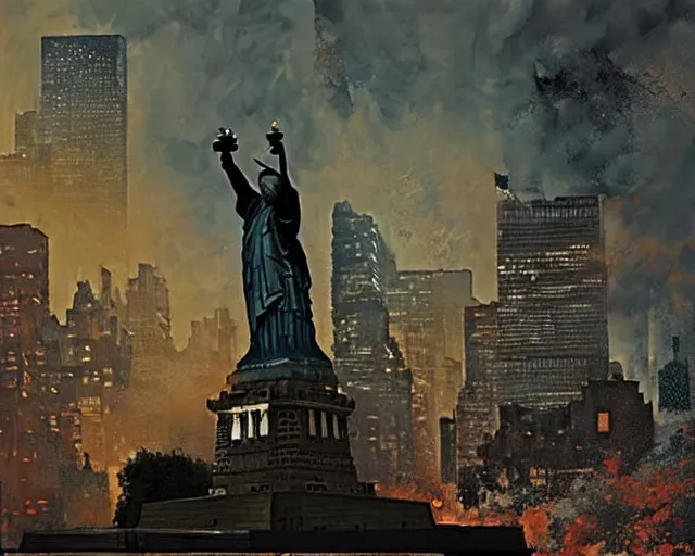 Image similar to Donald Trump destroying our democracy and the Statue of Liberty in Manhattan, post apocalyptic New York, craig mullins, dramatic lighting, very detailed