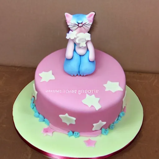 Prompt: beautiful cake with cake kitten holding a hard decoration on top