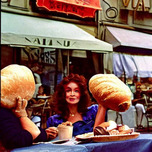 Image similar to professional archival photo of a woman and her friend, a puppet that looks like an enormous baguette, in a sidewalk cafe in paris, wearing berets, 16mm film soft color, earth tones and some color accents 1976, vacation photo, expired film, in style of doris wishman russ meyer, woman looks like sofia loren