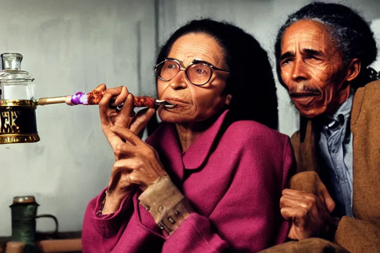 Prompt: Rosa Parks smoking cannabis from a bong , next to Bob Marley; cinema film; art direction; 4K; 8K; dramatic Studio lighting by John Gaeta