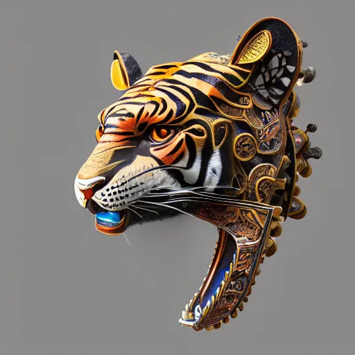 Prompt: coloured sculpture breathtakingly cool beautiful stylised balinese ornate biomechanical tiger, isometric perspective, 8 k artstation