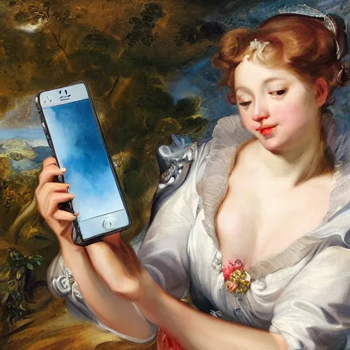 Image similar to heavenly summer sharp land sphere scallop well dressed lady taking a selfie with her iphone auslese, by peter paul rubens and eugene delacroix and karol bak, hyperrealism, digital illustration, fauvist, iphone