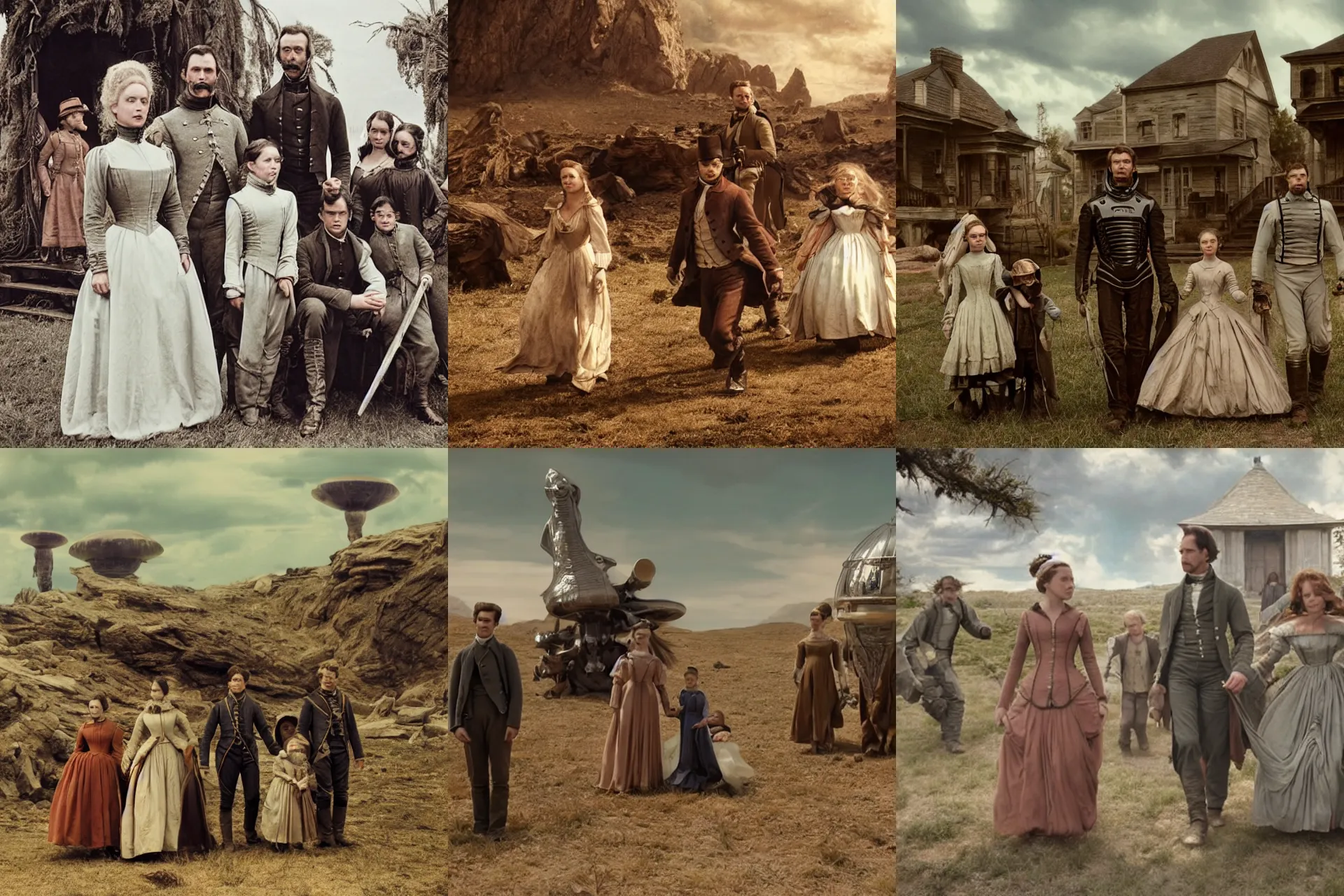 Prompt: still from a sci fi blockbuster movie, set in 1860, of a family leaving a spaceship, that has just landed on an alien planet, wearing 1850s era clothes, good lighting, 4k, HD, in focus, clear faces