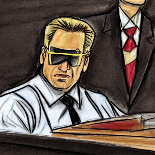 Prompt: courtroom sketch of duke nukem in court, court sketch, duke nukem, courtroom