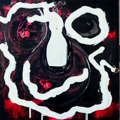 Image similar to “ a portrait in a black - walled apartment, sensual dance, a pig theme, art supplies, paint tubes, ikebana, herbs, a candle dripping white wax, squashed berries, berry juice drips, acrylic and spray paint and oilstick on canvas, surrealism, neoexpressionism ”