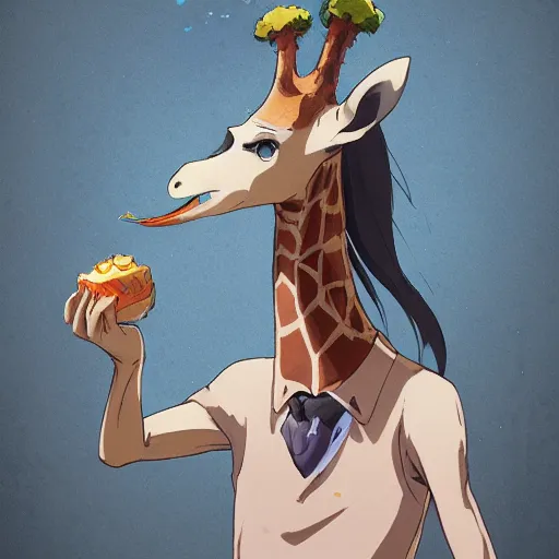 Image similar to an anthropomorphic giraffe wearing a dress, illustration concept art anime key visual trending pixiv fanbox by wlop and greg rutkowski and makoto shinkai and studio ghibli and kyoto animation symmetrical facial features