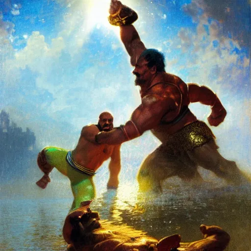 Image similar to the iron sheik breaking hulk hogan's back, radiant light, caustics, heroic, bright iridescent light, by gaston bussiere, bayard wu, greg rutkowski, maxim verehin, epic wrestling combat, legendary