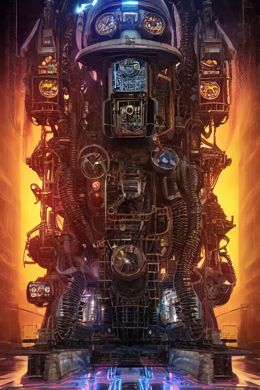 Prompt: a movieposter, moviename is tripmachine, photo of a huge futuristic steampunk generator inside a steampunk machinery, 8 k, fluorescent colors, halluzinogenic, multicolored, exaggerated detailed, 3 d render, octane