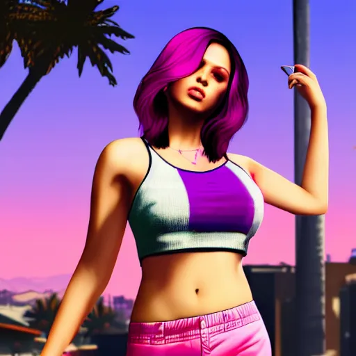 Prompt: a stunning GTA V loading screen with a beautiful woman with ombre hairstyle in purple and pink blowing in the wind, outrun, vaporware, palm trees, beautiful sky with cumulus couds, golden ratio, digital art, trending on artstation