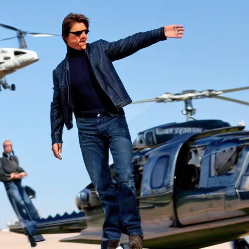 Image similar to Tom Cruise waving to fans. He's wearing bluejeans and a green jacket, Ralph Lauren. A helicopter is in the background. Shallow depth of field